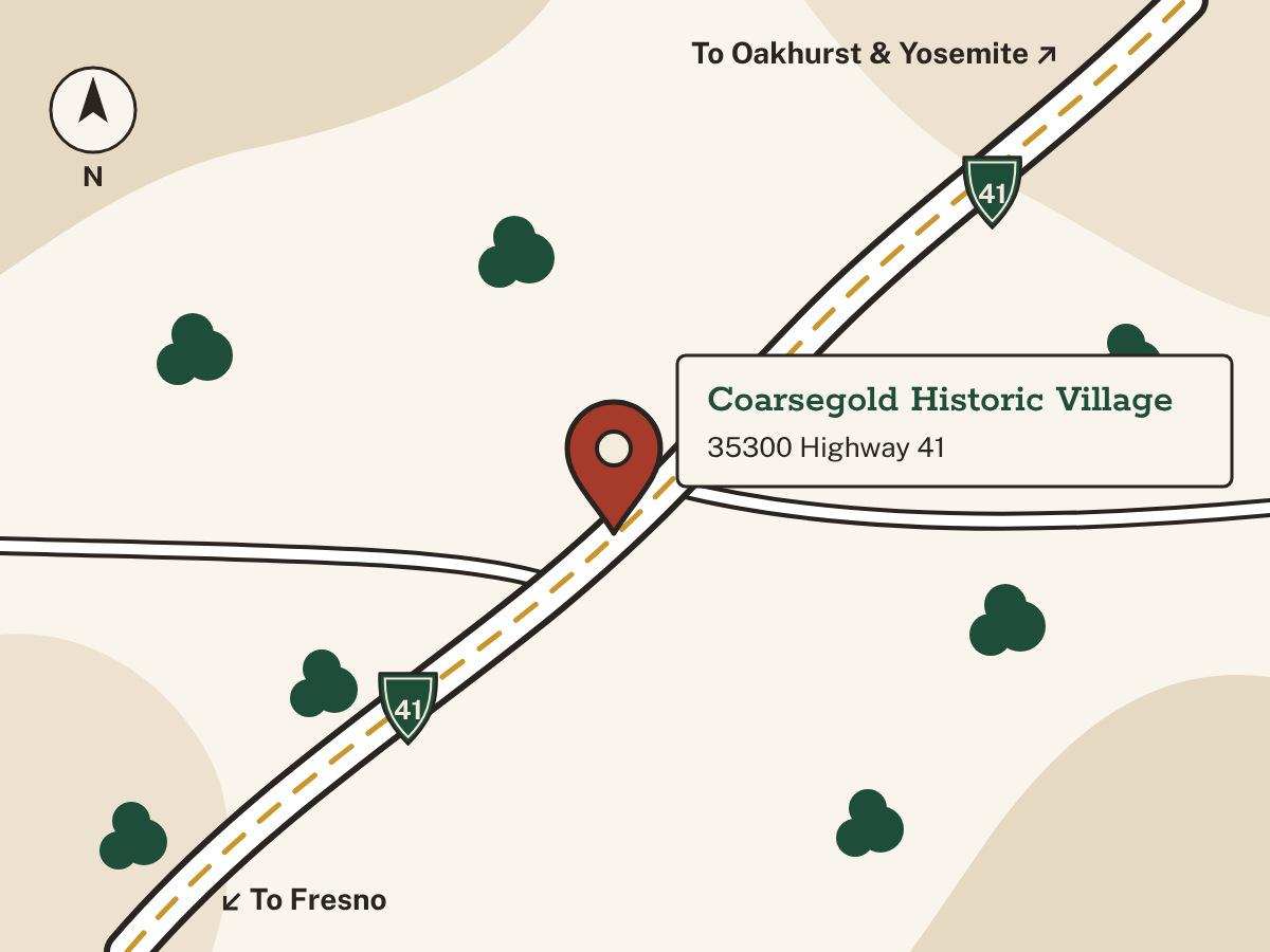 Map of Coarsegold Historic Village at 35300 Highway 41, between Fresno and Oakhurst. Opens Google Maps.